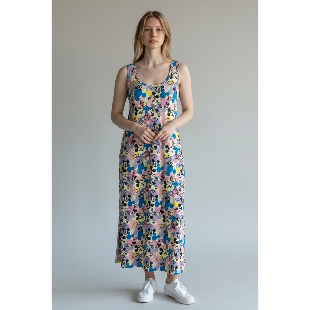 Uniqlo Disney Mickey Mouse Sleeveless Midi Dress Pink Blue Yellow XS Extra Small